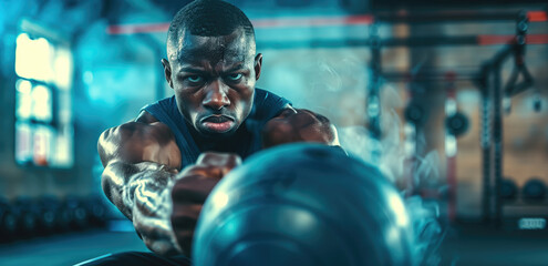 Focused man performing a strenuous medicine ball workout in a gym