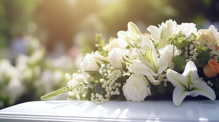 Bouquets of flowers lie on the coffin. Burial ceremony. Funeral services.	
