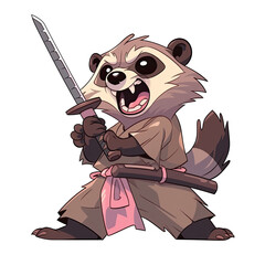 An illustration of a raccoon warrior holding a katana