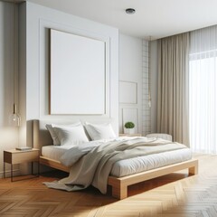 Bedroom sets have template mockup poster empty white with Bedroom interior and a framed picture standard image art photo photo.