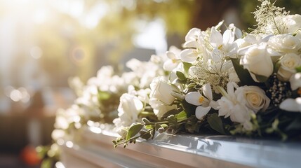 Bouquets of flowers lie on the coffin. Burial ceremony. Funeral services.	
