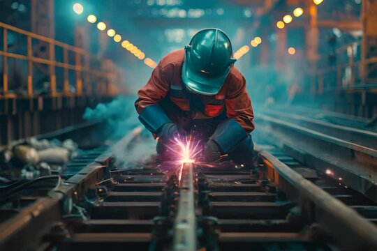 welder at work in factory,  sparks machine slow motion 