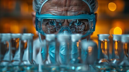 A man in a lab coat and goggles looking at something, AI