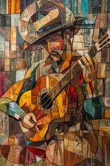 A painting featuring a musician playing guitar in a colorful, cubist style with rich textures and patterns