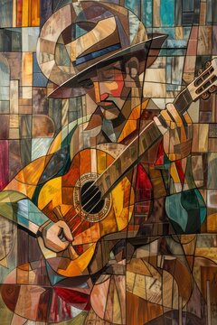 A painting featuring a musician playing guitar in a colorful, cubist style with rich textures and patterns