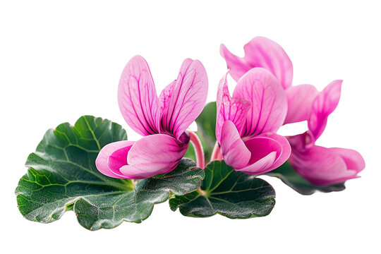 Pink cyclamen flowers with green leaves isolated on transparent background.