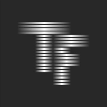 Letters TF or FT monogram initials logo design featuring metallic thin parallel horizontal lines, a linked of two letters T and F striped logotype, linear mark with silver metal gradient.