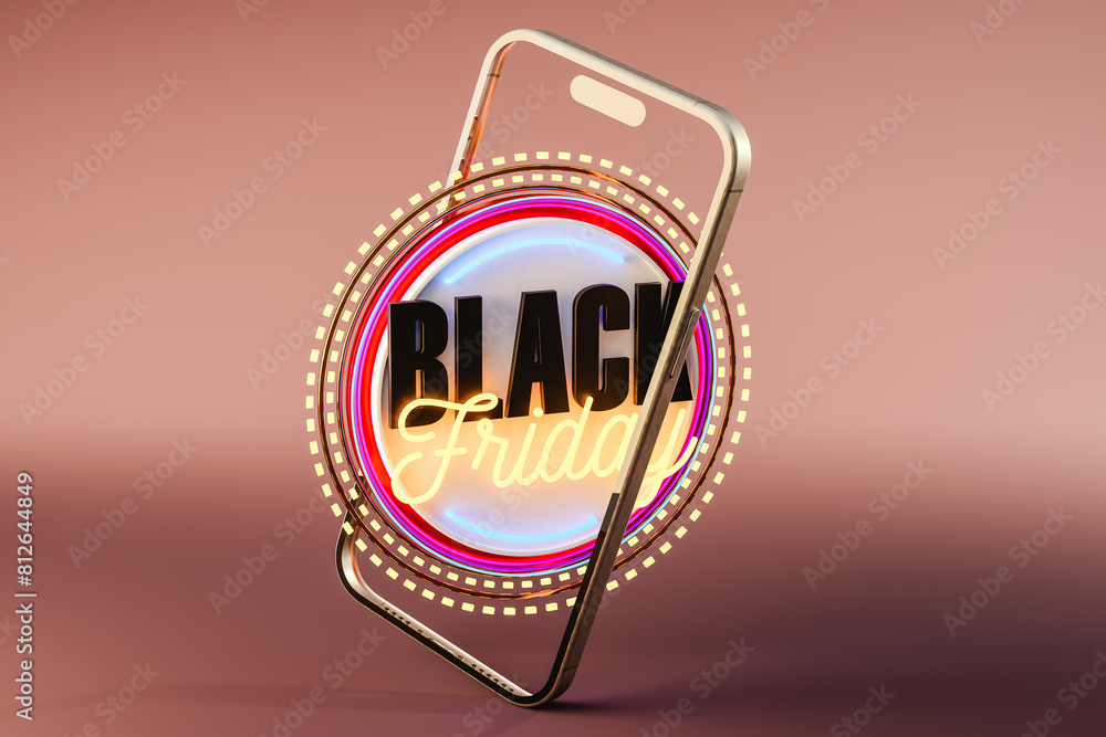 Poster 3d rendering of mockup smartphone with bright logo in studio