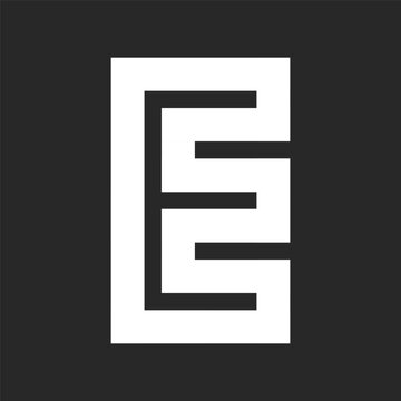 Initial E bold letter logo monogram from wide white stripes on a black background. Creative identity EE logotype from wide parallel lines.