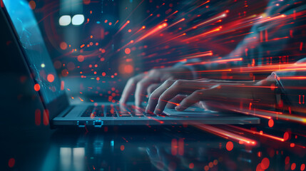 Fast internet connection with Metaverse technology concept, Programmer people working laptop with Virtual screen of Internet speed measurement