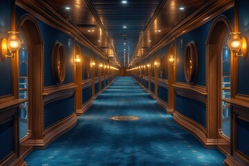This high quality photo shows a corridor on an ocean liner. The blue carpet and wooden walls have mirrors. There is no one in the corridor, 
