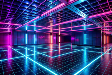 Neon lights in a dark room with a tiled floor. Neon background lighting. Modern, Technology, Science, Network, Grid concept.