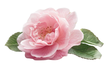 Pink camellia flower with green leaves isolated on transparent background.