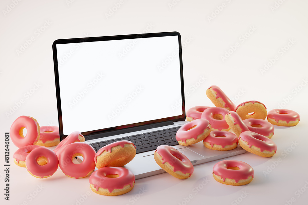 Poster 3d rendering of laptop mock up with donuts placed on white background
