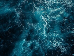 Dark blue ocean currents captured from above, with intricate foam patterns suggesting immense depth and power of the sea