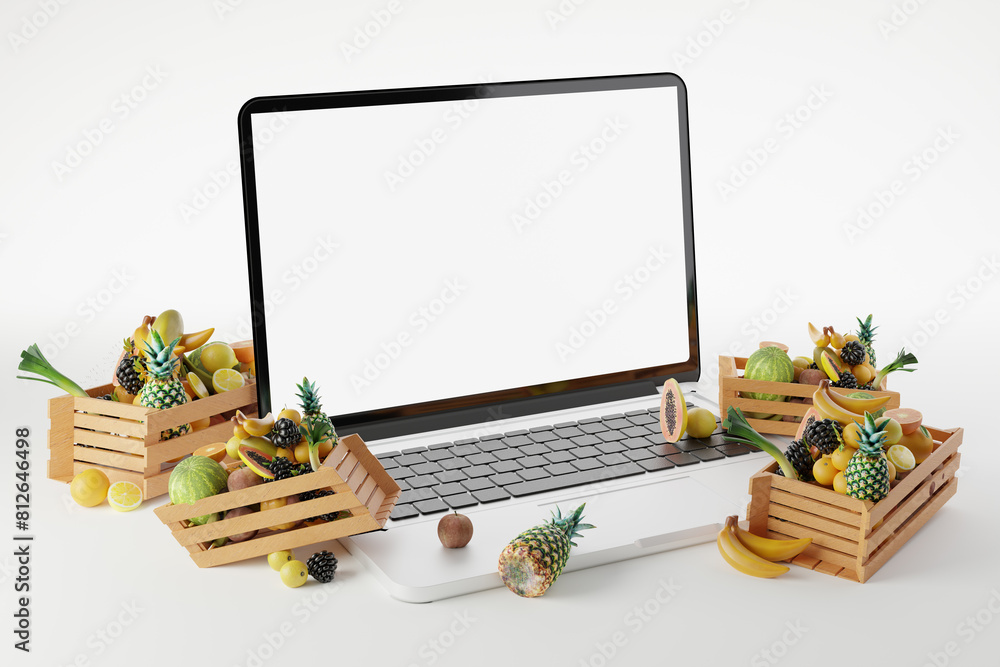 Poster 3d rendering of laptop mock up with healthy fruits placed on screen