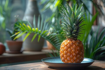A ripe pineapple with a lush green top sits on a dark blue plate with a blurred background of warm tones - Powered by Adobe