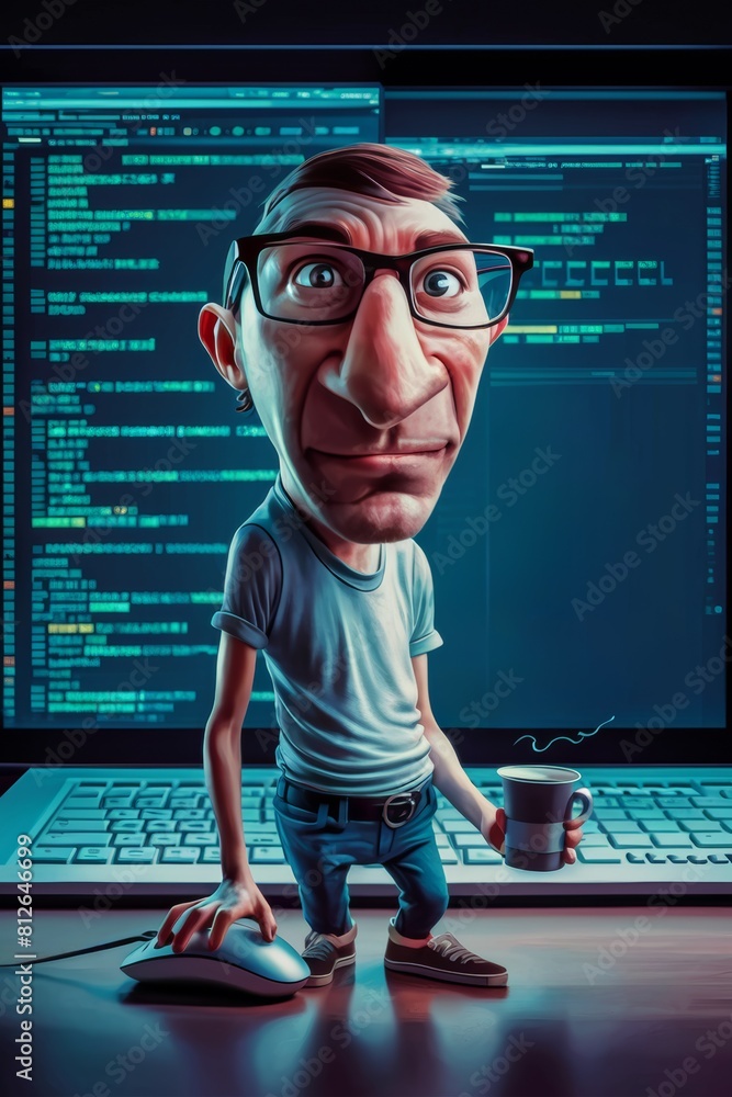 Poster a cartoon character of it geek with glasses and a cup of coffee in front of computer, ai