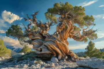 Majestic twisted bristlecone pine tree with a dramatic sunset sky in the background