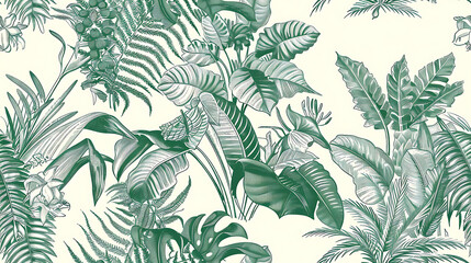 Vintage Jungle Dreams: Detailed Line Art of Tropical Flora and Fauna in Teal Green on Cream Background  - Seamless tile. Endless and repeat print.