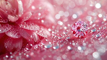   A close-up of a pink diamond on a pink background with water droplets and a pink flower in the foreground
