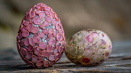   A couple of eggs nestled on a wooden table beside one another atop a wooden surface