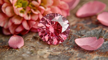   Pink diamond resting atop rock near vibrant petaled blossom