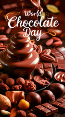 Delicious 3D photo chocolate bar and pieces of background for banner design. Happy world chocolate day.