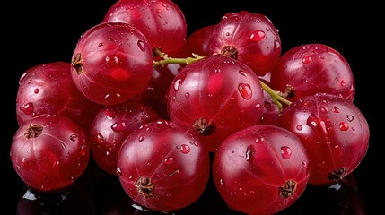  A close-up of grapes with water droplets on top and bottom against a dark background is an image