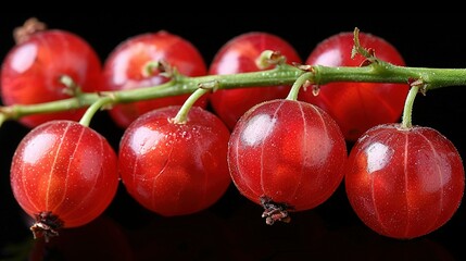   A close-up of juicy cherries on a lush branch, adorned with glistening droplets of water