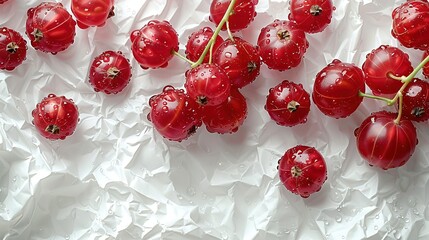   A cluster of red cherries perched atop a sheet of white paper, dotted with droplets of water