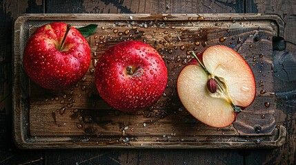   Two apples placed on a wooden table, sitting atop a wooden tray with water droplets on top