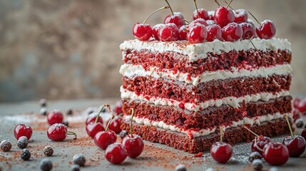   Red Velvet Cake with White Frosting & Cherries