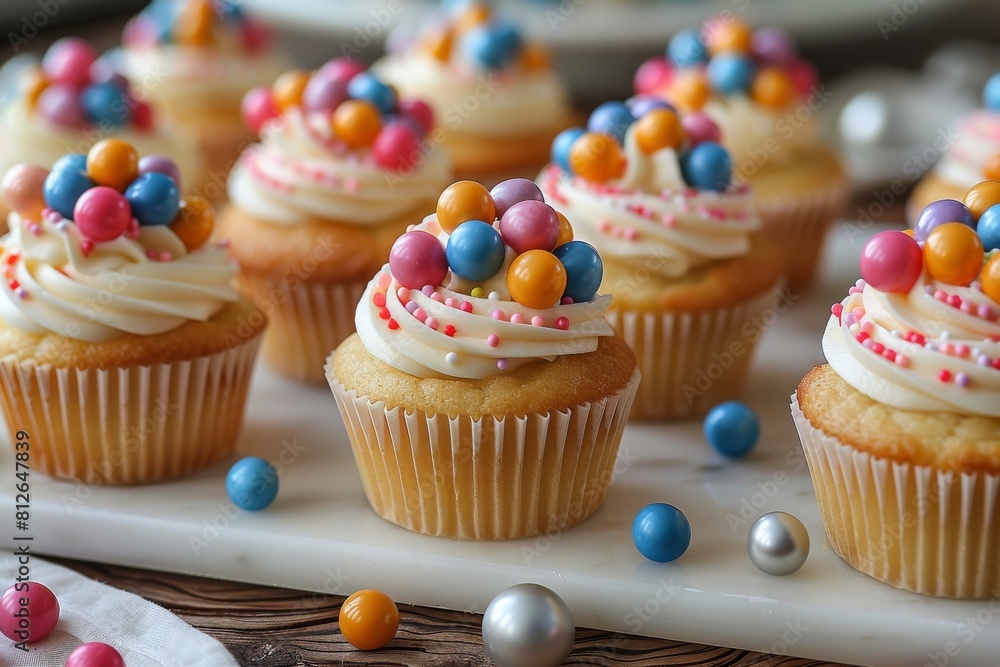 Poster a delightful array of vanilla cupcakes adorned with multicolored candy toppings, arranged neatly on 