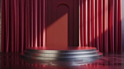 Red Curtains Stage Illustration With Silver 3D Rendering Podium