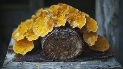   A cluster of golden fungi resting atop a wooden plank perched atop a plywood surface