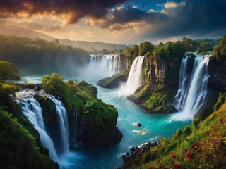 Epic fantasy panorama showcases a mystical landscape embellished by captivating waterfalls.
