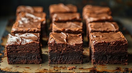   A group of brownies on chocolate-frosted brownie bites, with a missing chunk