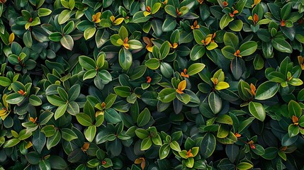   A close-up image of a bush with lush green leaves adorned with vibrant yellow and orange flowers growing on both its upper and lower portions
