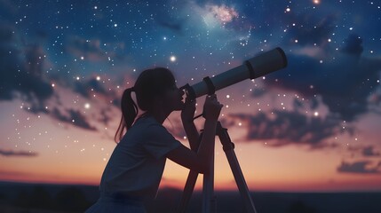 Silhouetted girl gazing at the stars through a telescope during a breathtaking sunset exploring the mysteries of the universe