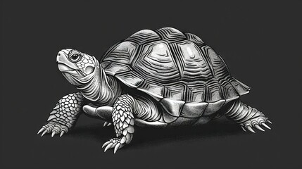   A black-and-white illustration of a tortoise on a dark background featuring a turtle on its back