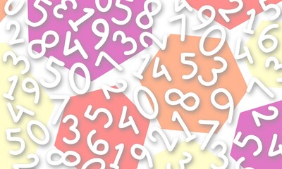 Hexagonal mathematics background - different numbers in random pattern. Colorful school pattern for children. Multicolor math background for kids, colors red, orange, greenery.