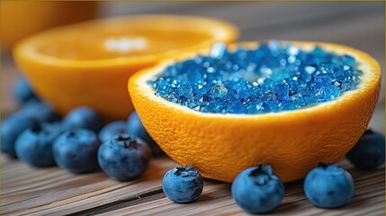   A close-up of a grapefruit and blueberries on a table with oranges and blueberries in the background