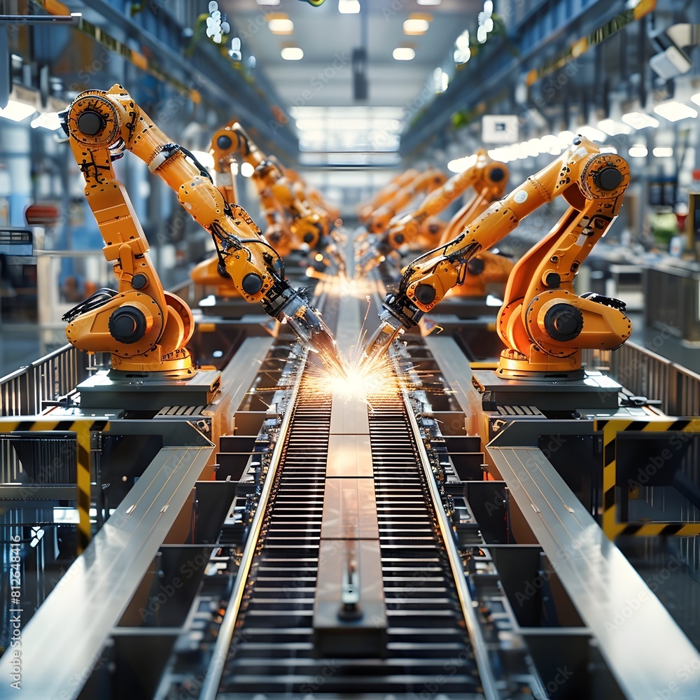 Poster precision robots assembling automobiles on a manufacturing floor