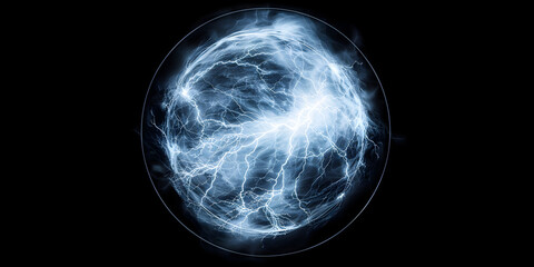 Blue plasma ball Design and Electricity glowing lights texture on dark black background.