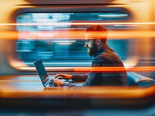 Consultant Working on Laptop During High Speed Train Commute for Efficient Business on the Move