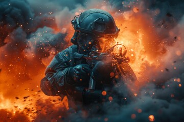 A close-up depiction of a soldier in a combat situation, aiming his weapon with focus and precision against a chaotic backdrop