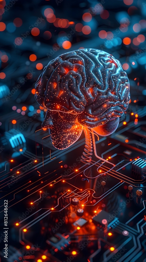 Aufkleber brain interface visualization futuristic technology concept with glowing circuits and neon lights