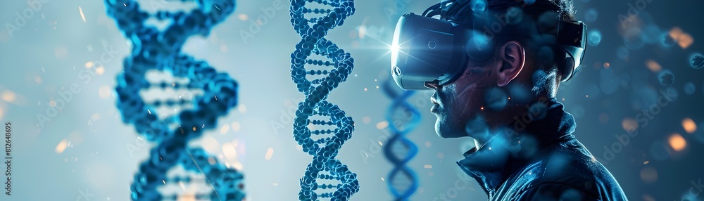 Poster scientist using a vr headset to manipulate 3d models of dna in a futuristic laboratory setting highl
