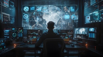 Futuristic digital command center with multiple screens displaying data visualizations and global information description This captivating image